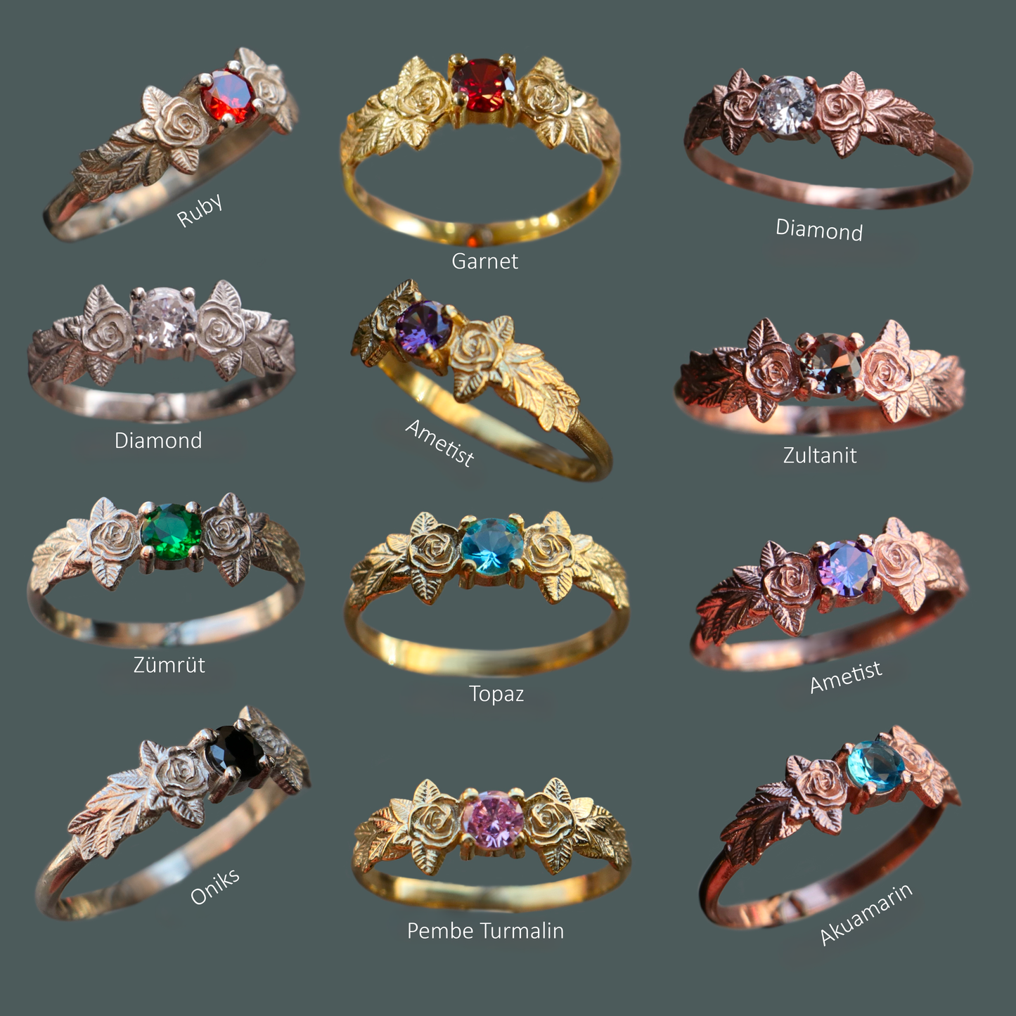 Yapraklar Pembe Kuvars 925 Gümüş Altın Kaplama Yüzük