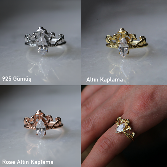 Sihirli Mantar Mozanit 925 Gümüş Altın Kaplama Yüzük