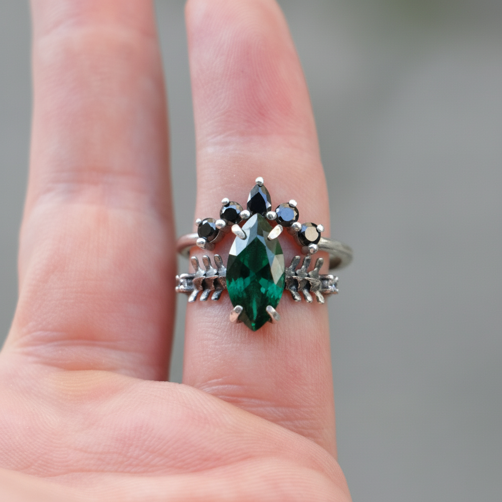 Markiz Emerald Mozanit Set 925 Gümüş Yüzük