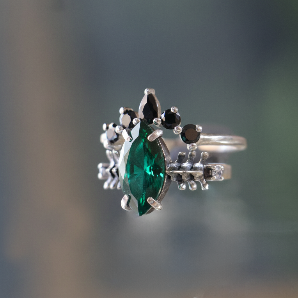 Markiz Emerald Mozanit Set 925 Gümüş Yüzük