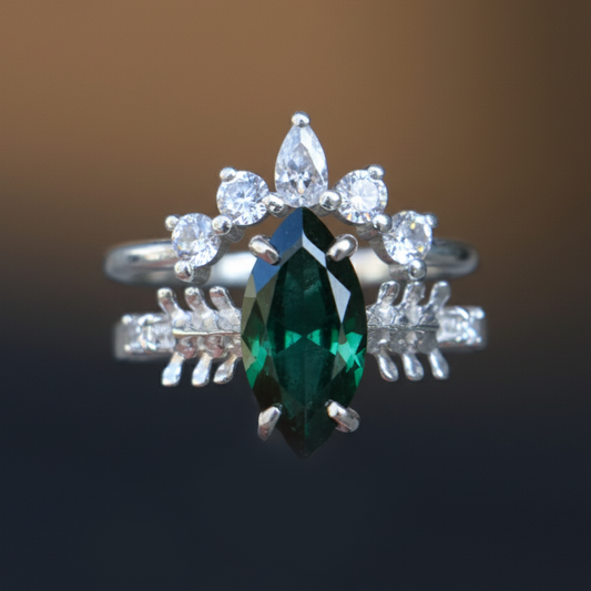 Markiz Emerald Mozanit Set 925 Gümüş Yüzük