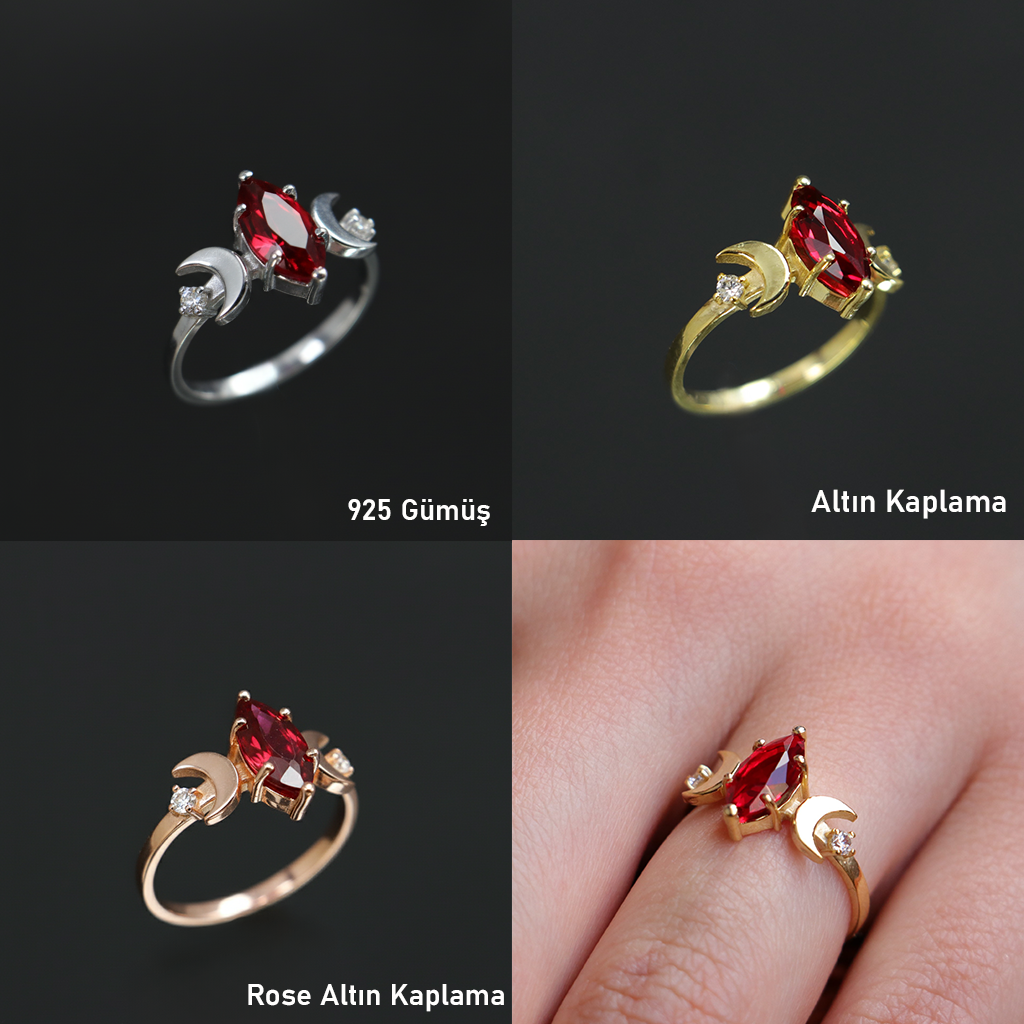 Moon Goddess 925 Silver Gold Plated Ring with Marquise Garnet Stone