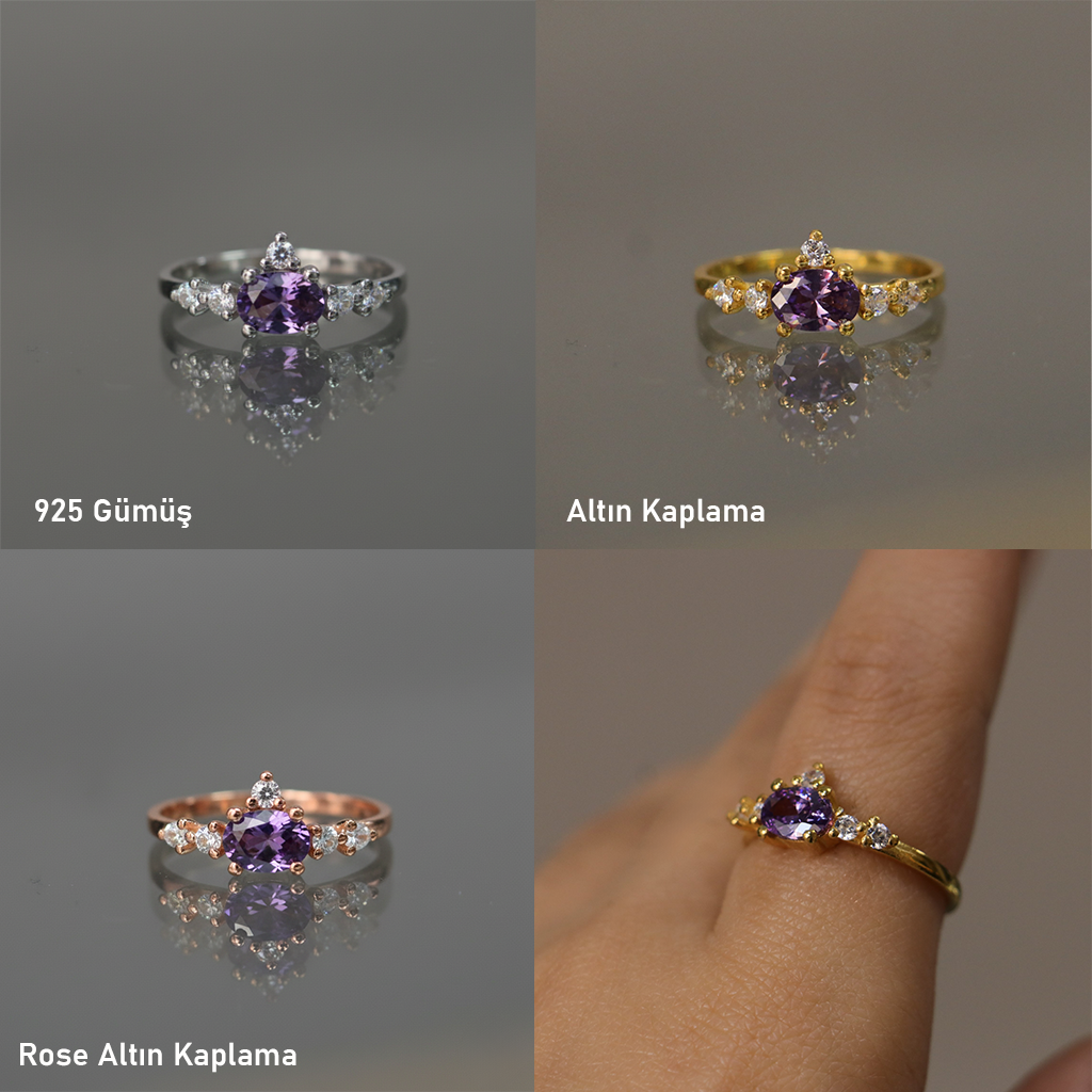 Amethyst and Moissanite 925 Silver Gold Plated Ring
