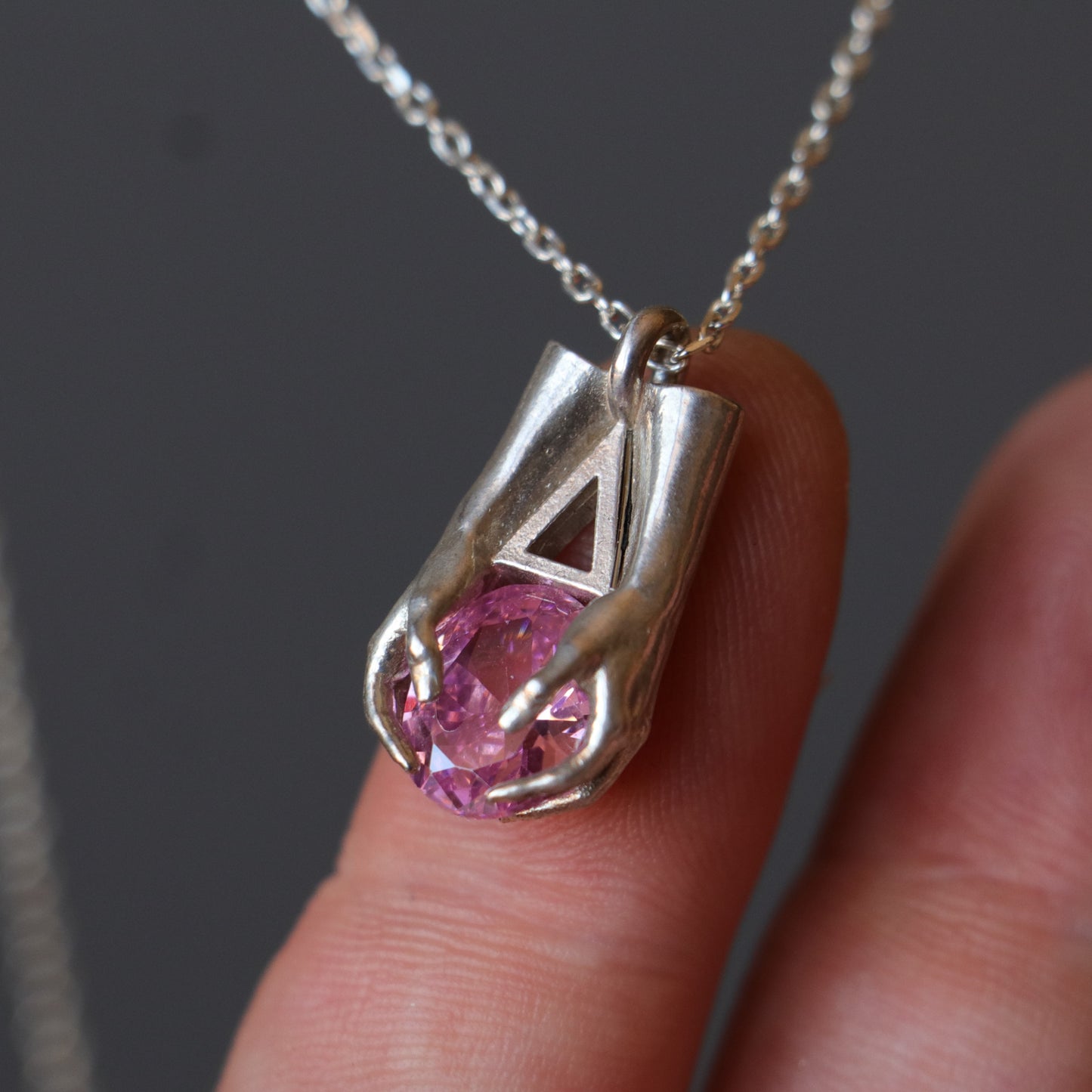 Mini Avuç Üçgen Oval Taşlı Kolye (Tüm Taşlar) 925 Gümüş