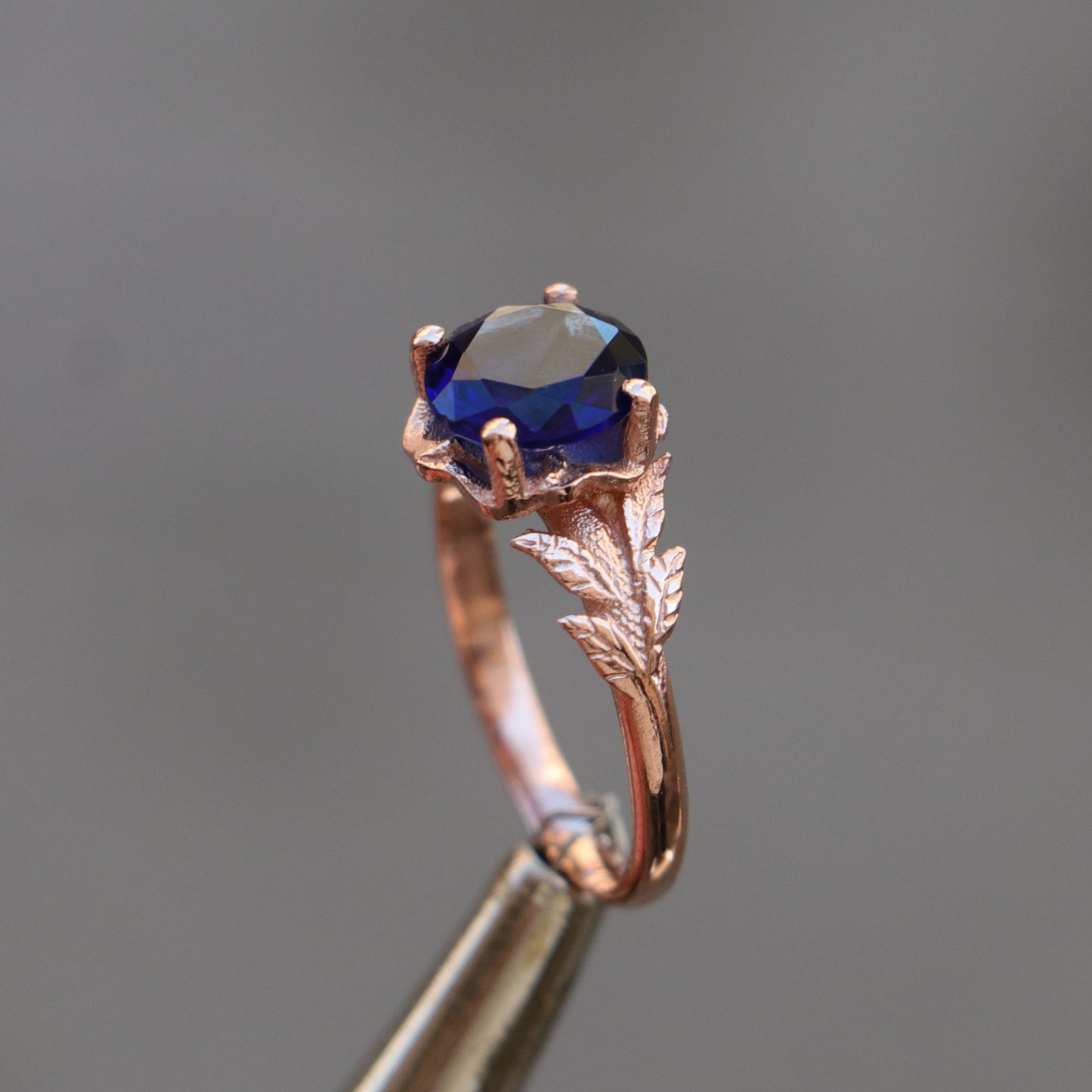 925 Silver Rose Gold Plated Ring with Aquamarine Stone and Leaf Detail