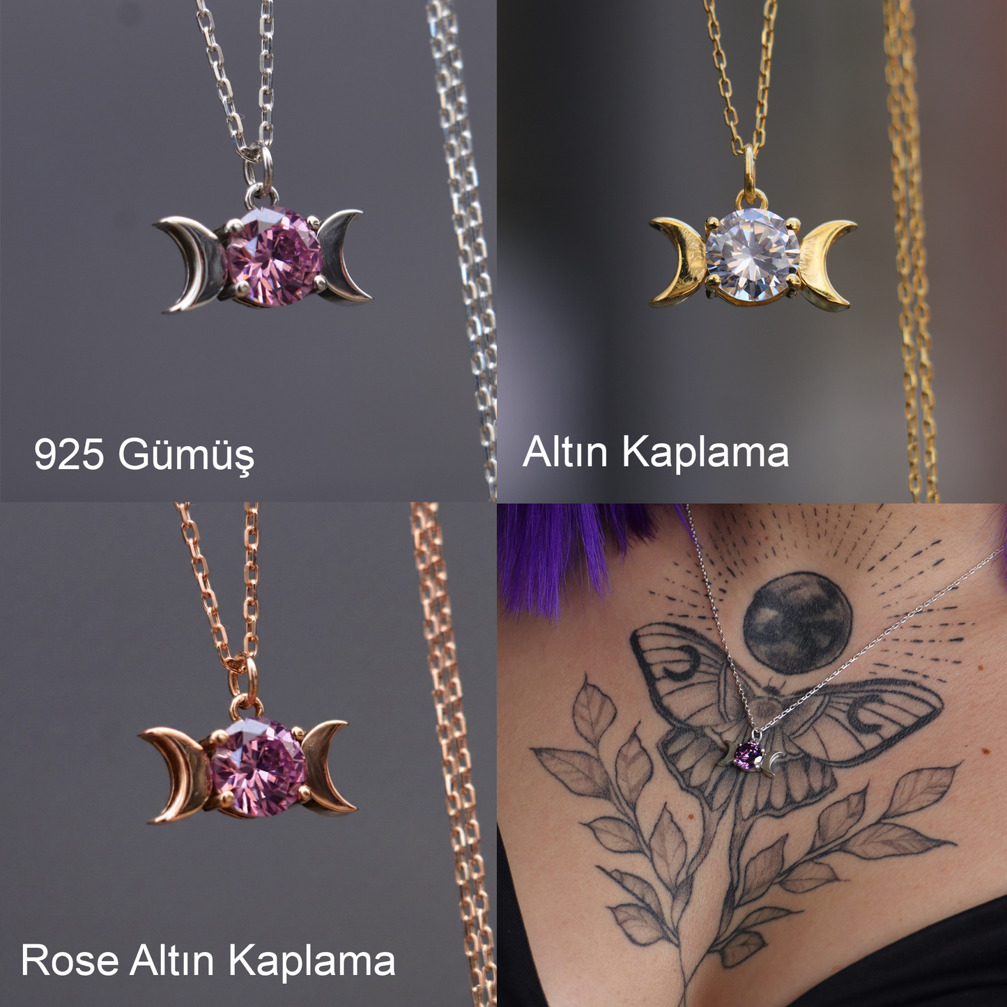 Ay Tanrıçası Pembe Kuvars 925 Gümüş Kolye