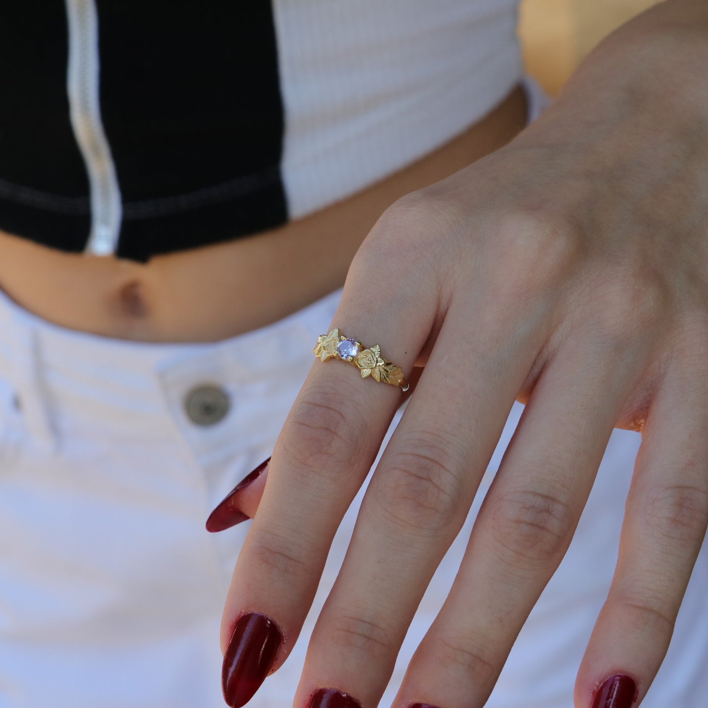 Leaves Garnet 925 Silver Gold Plated Ring