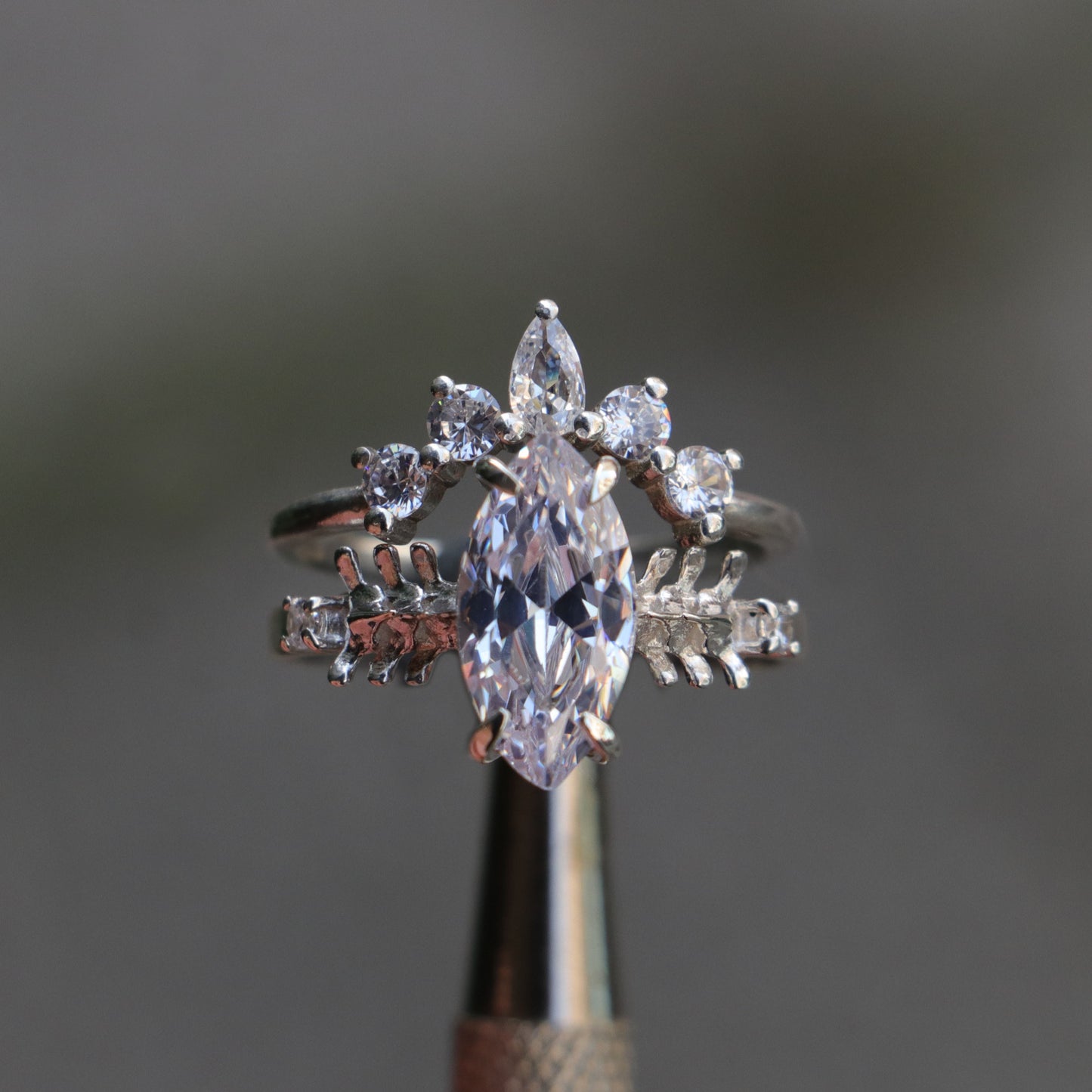 Mushroom and Spine Marquise Moissanite Set 925 Silver Ring