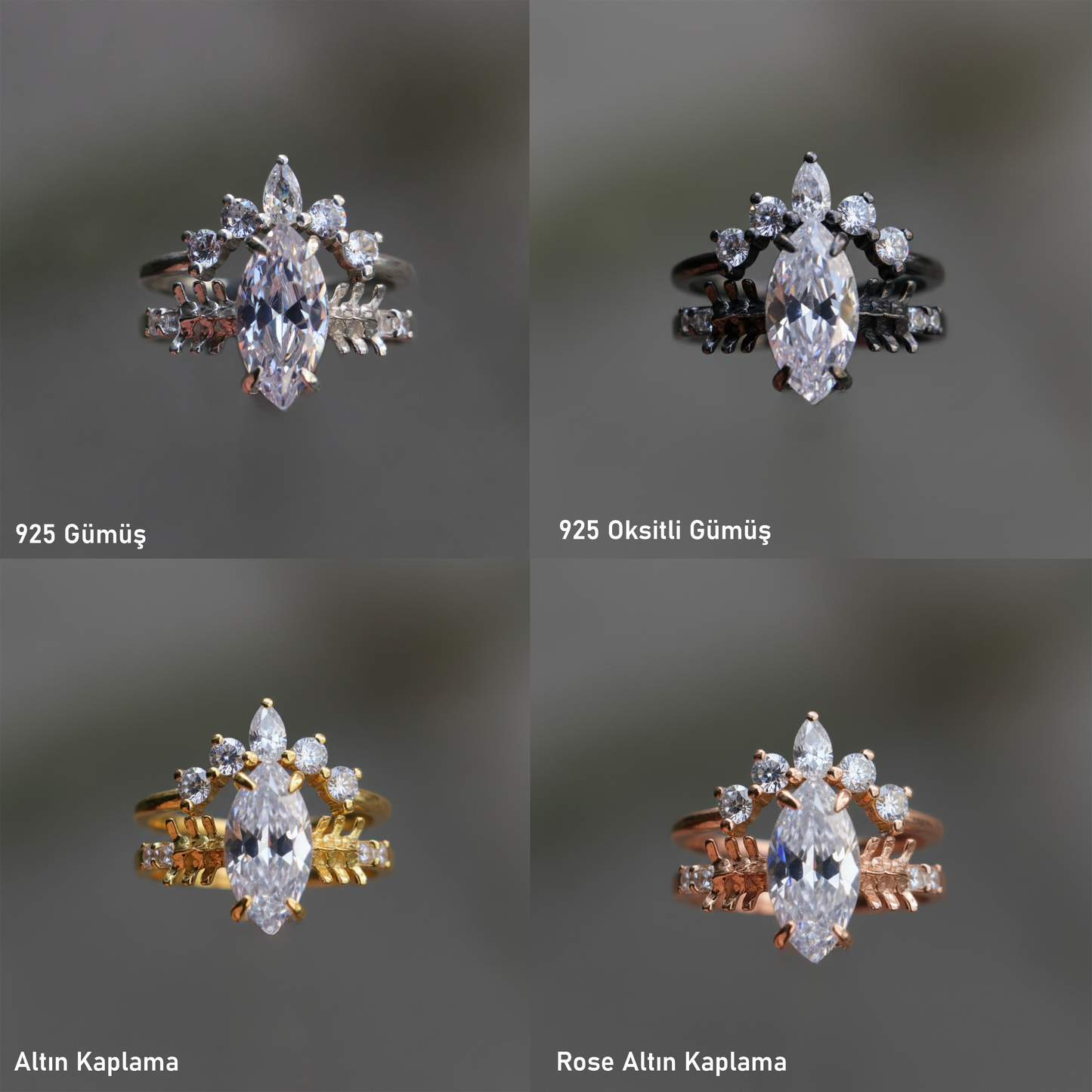 Mushroom and Spine Marquise Moissanite Set 925 Silver Ring