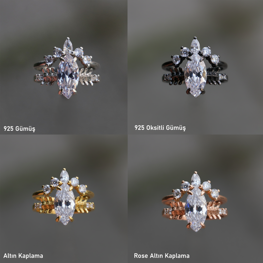 Markiz Safir Mozanit Set 925 Gümüş Yüzük