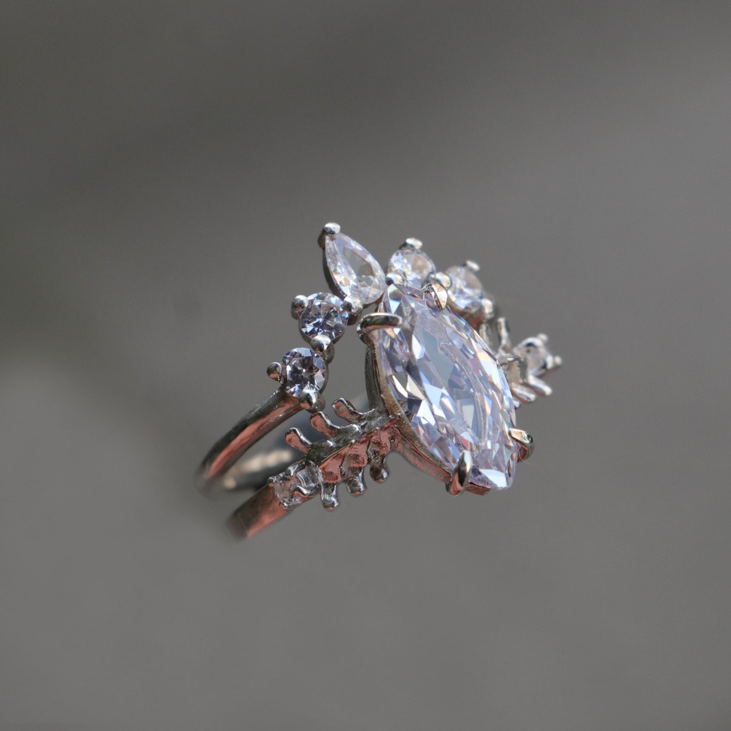 Mushroom and Spine Marquise Moissanite Set 925 Silver Ring