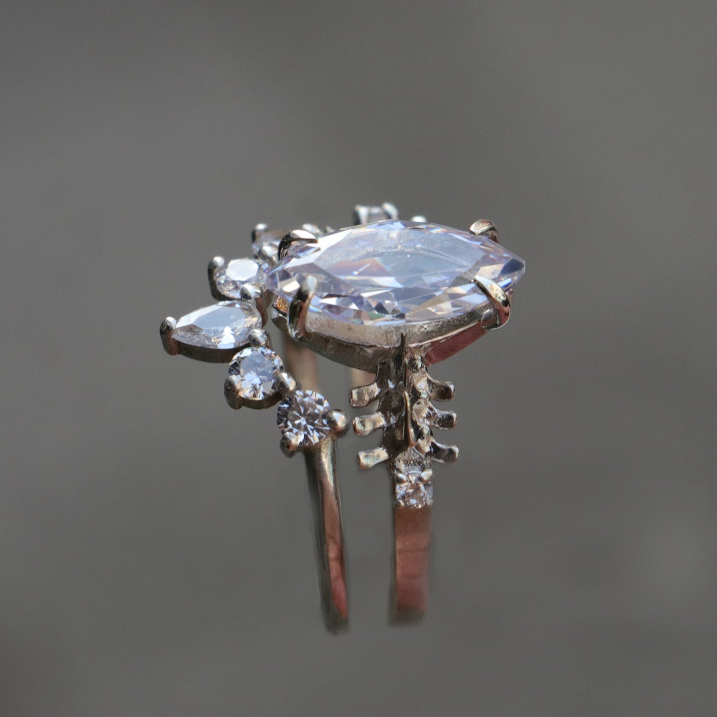 Mushroom and Spine Marquise Moissanite Set 925 Silver Ring