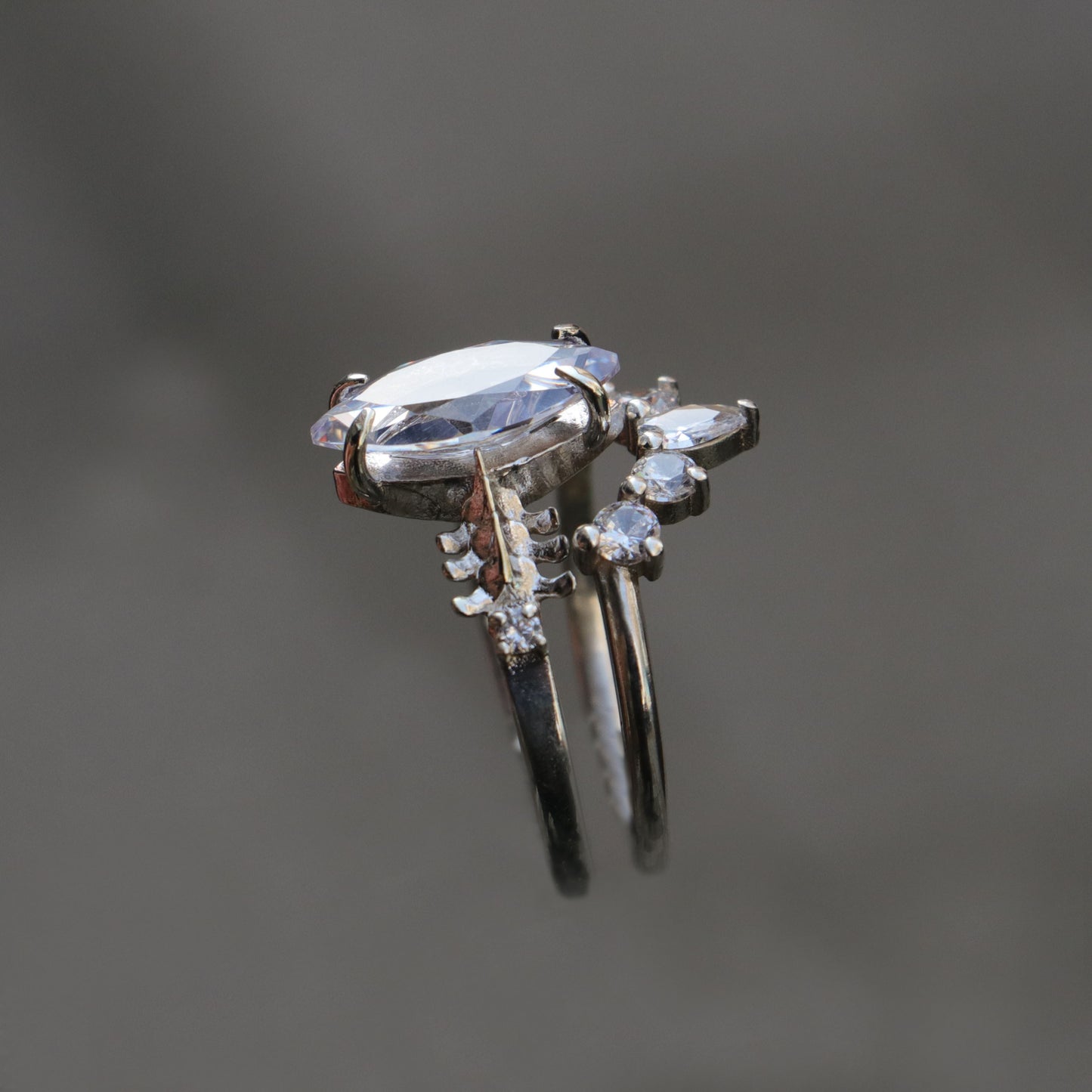 Mushroom and Spine Marquise Moissanite Set 925 Silver Ring