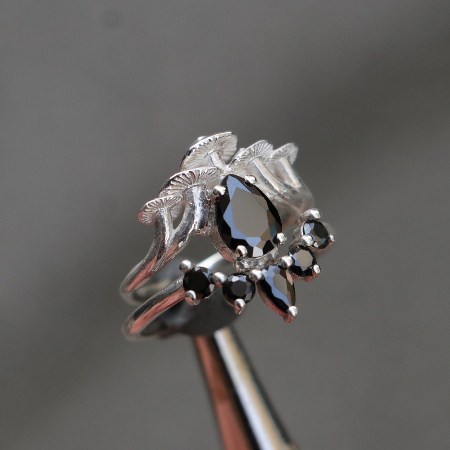 Mushroom and Spine Marquise Moissanite Set 925 Silver Ring