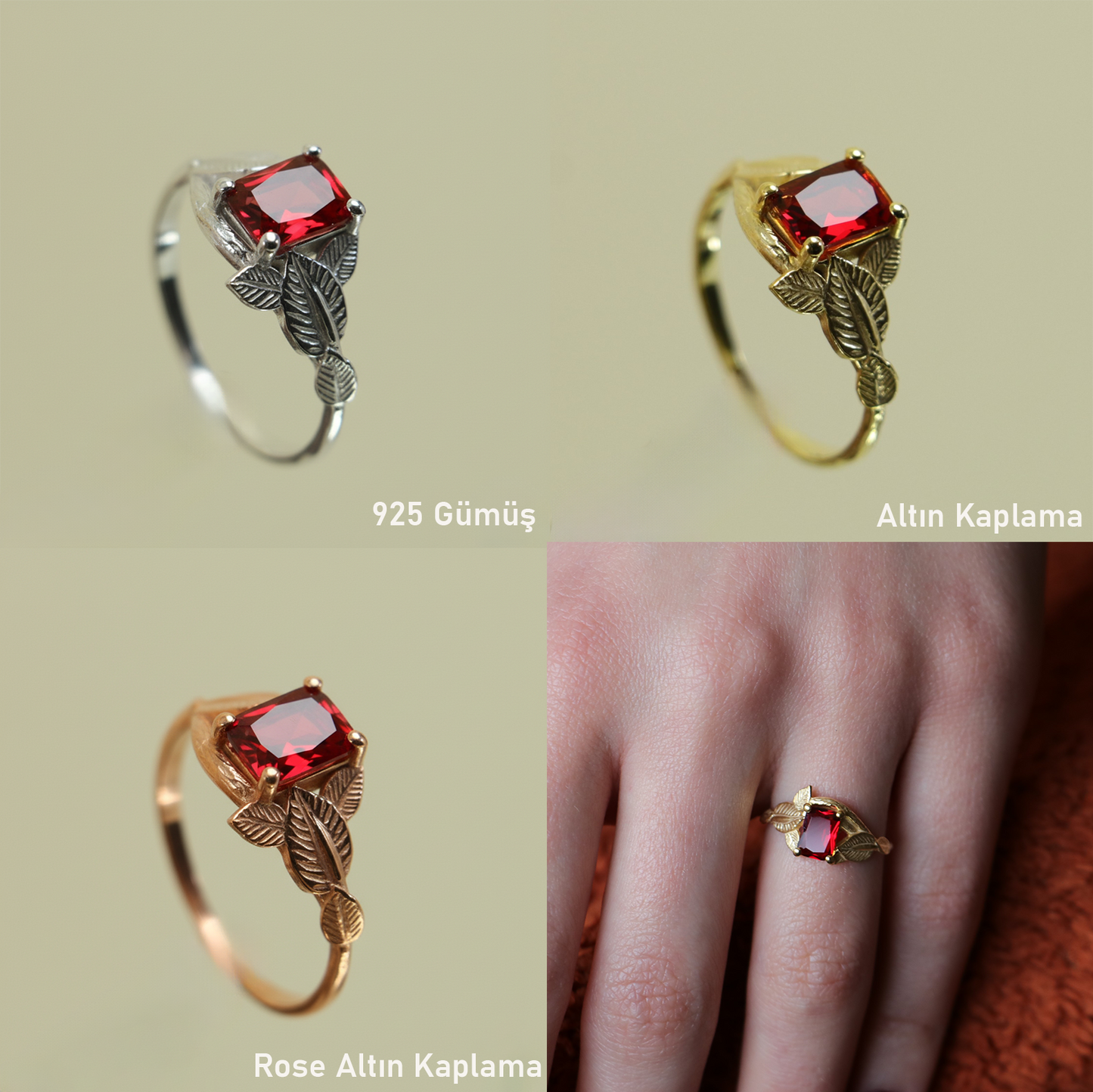 Ruby and Leaves 925 Silver Gold Plated Ring