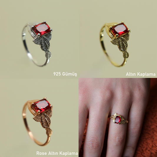 Ruby and Leaves 925 Silver Gold Plated Ring