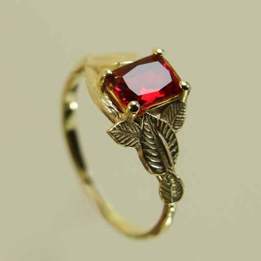 Ruby and Leaves 925 Silver Gold Plated Ring