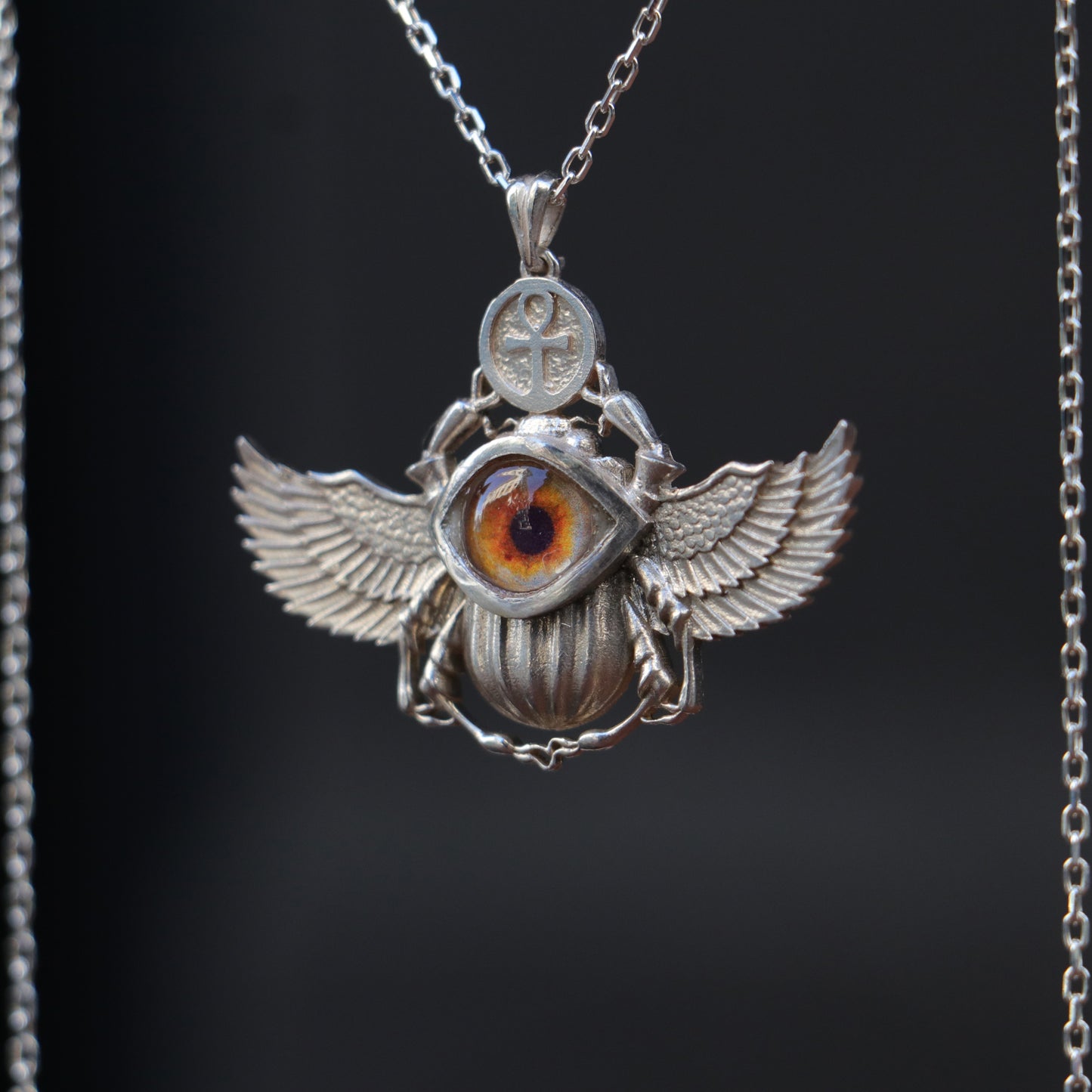 Antik Mısır Scarab ve Ankh Gümüş Kolye - İris Göz Koruyucu Tılsım