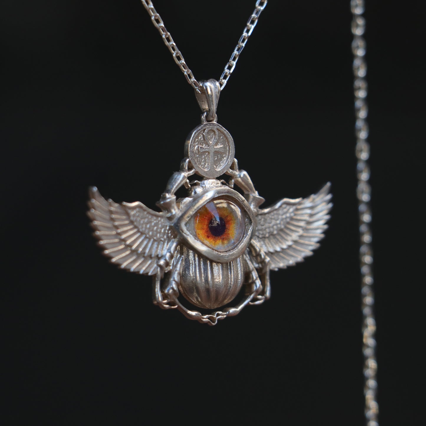 Antik Mısır Scarab ve Ankh Gümüş Kolye - İris Göz Koruyucu Tılsım