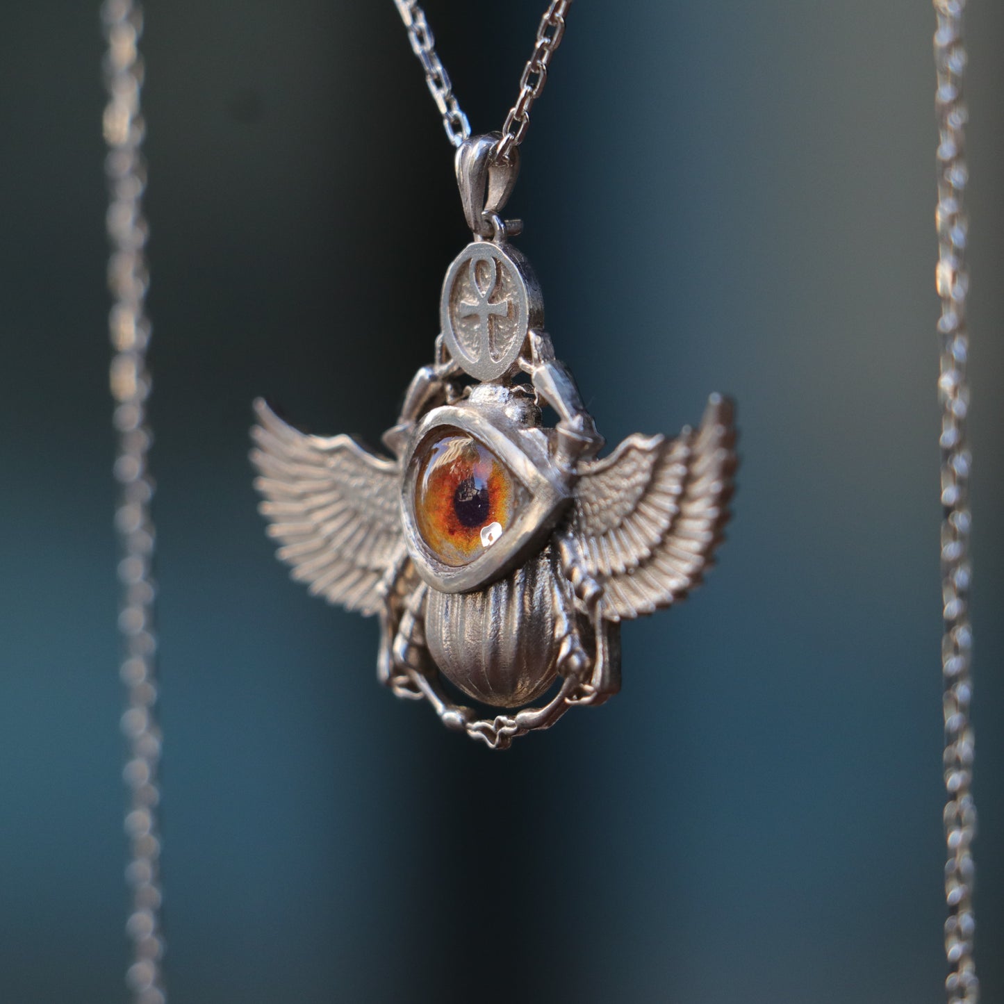 Antik Mısır Scarab ve Ankh Gümüş Kolye - İris Göz Koruyucu Tılsım