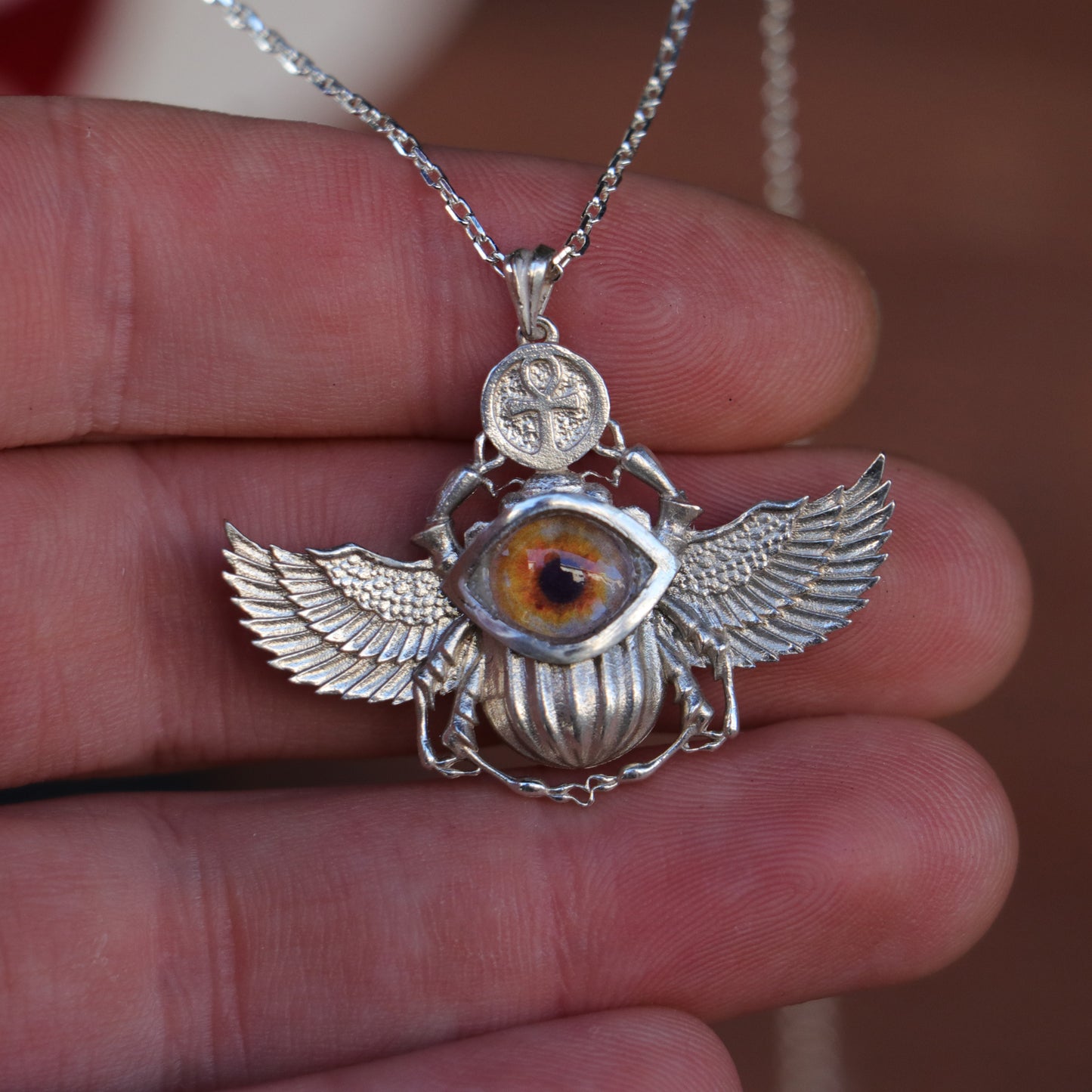 Antik Mısır Scarab ve Ankh Gümüş Kolye - İris Göz Koruyucu Tılsım