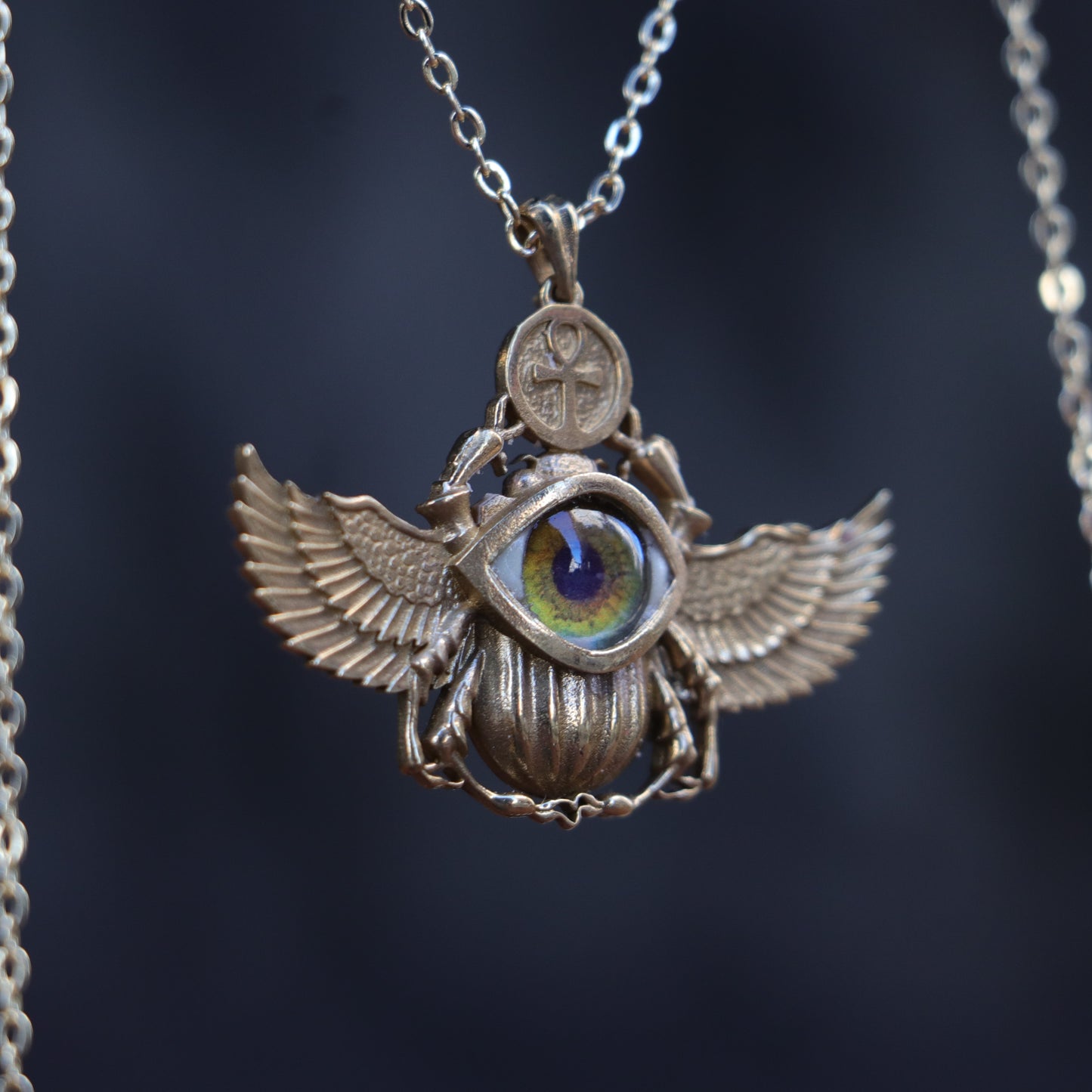 Antik Mısır Scarab ve Ankh Gümüş Kolye - İris Göz Koruyucu Tılsım