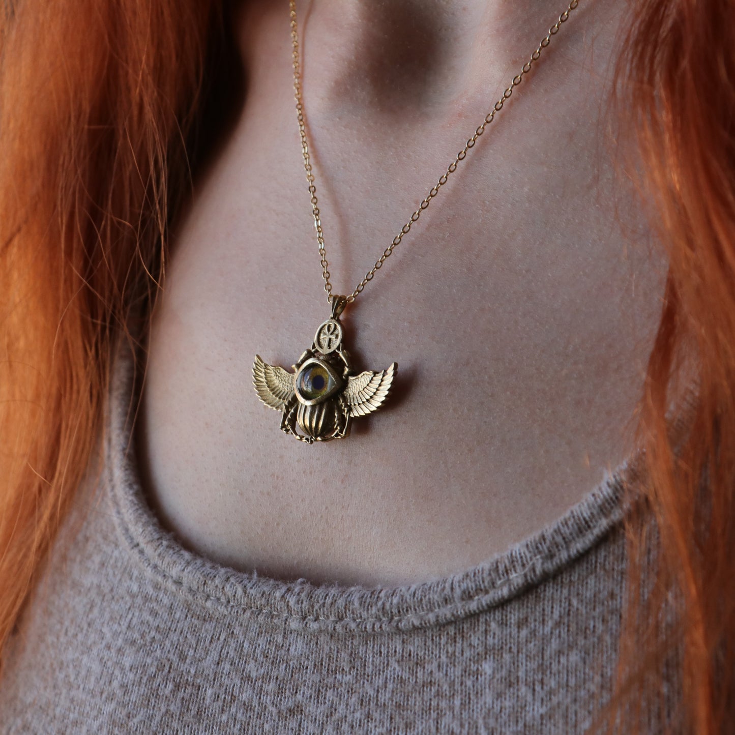 Antik Mısır Scarab ve Ankh Gümüş Kolye - İris Göz Koruyucu Tılsım