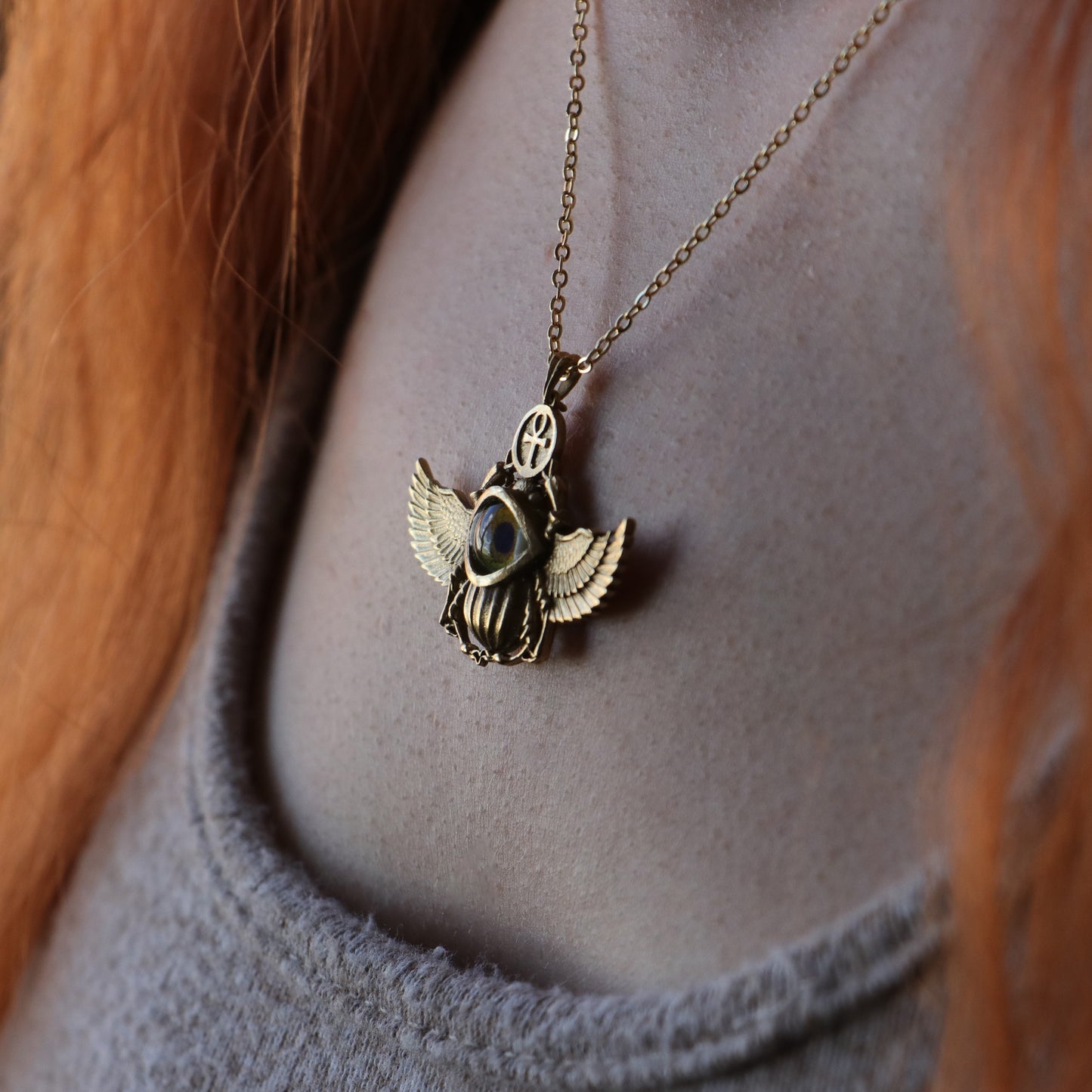 Antik Mısır Scarab ve Ankh Gümüş Kolye - İris Göz Koruyucu Tılsım