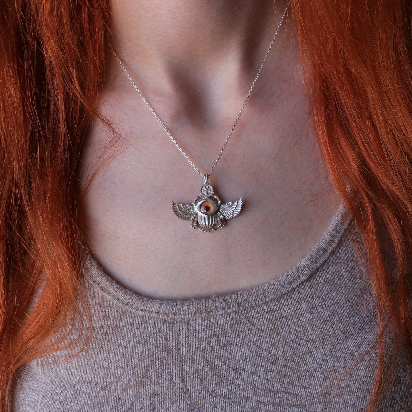 Antik Mısır Scarab ve Ankh Gümüş Kolye - İris Göz Koruyucu Tılsım