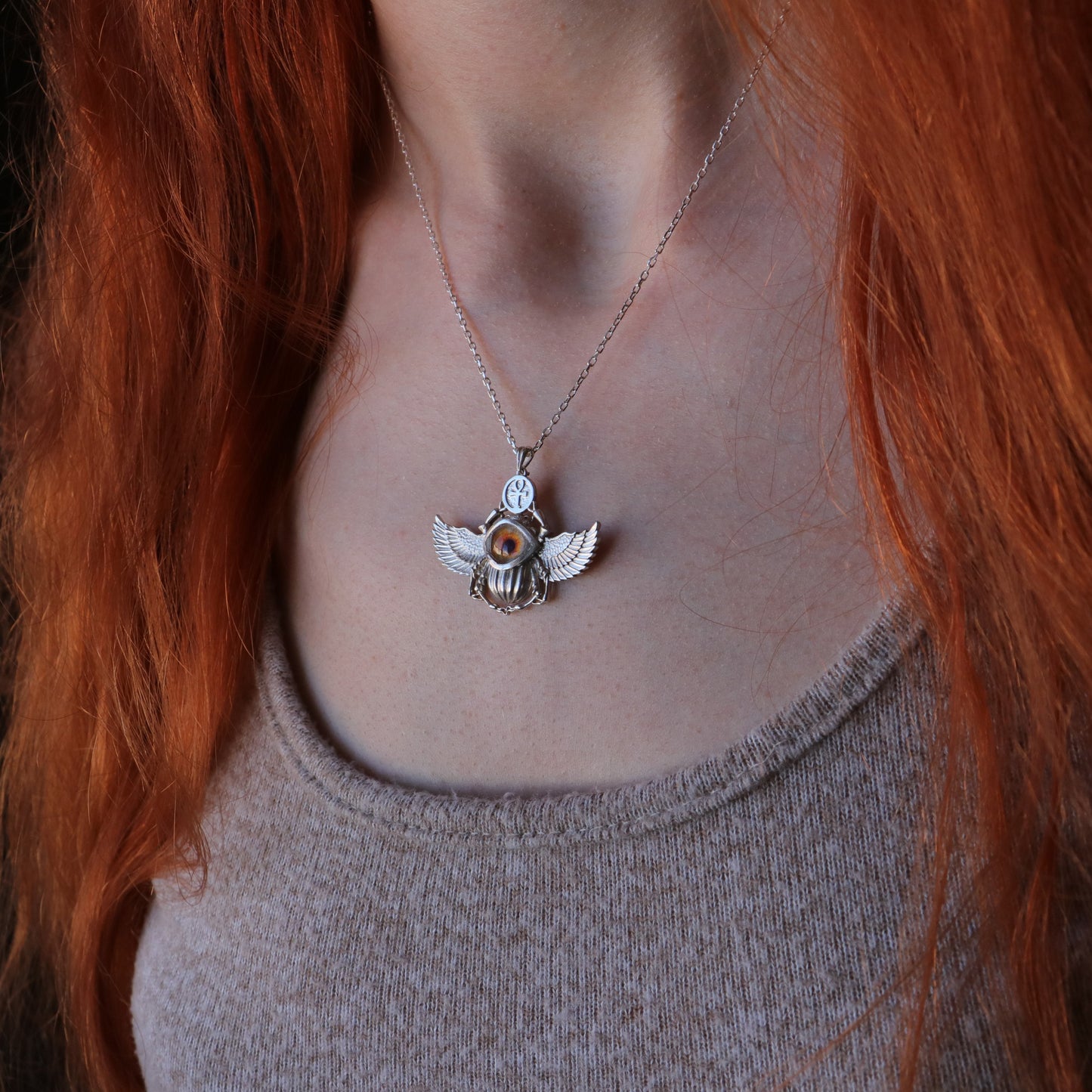 Antik Mısır Scarab ve Ankh Gümüş Kolye - İris Göz Koruyucu Tılsım