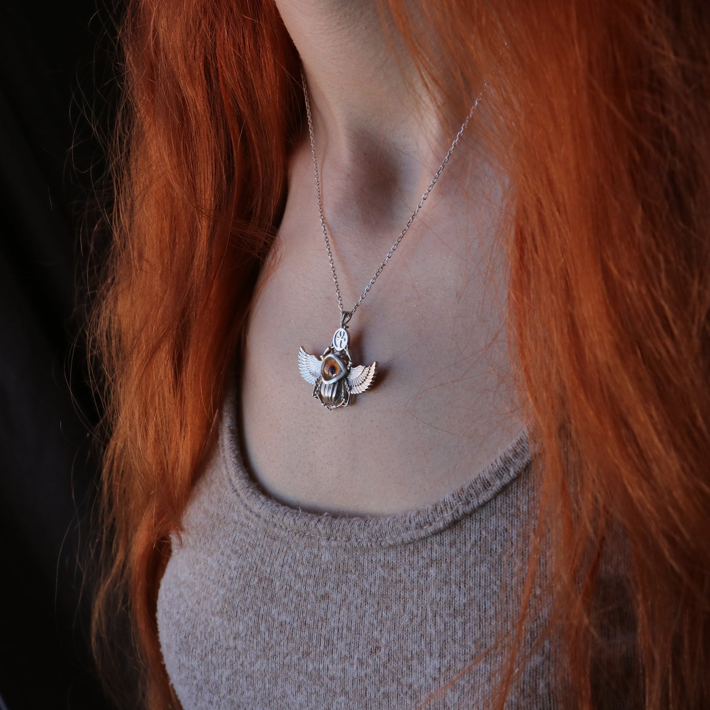 Antik Mısır Scarab ve Ankh Gümüş Kolye - İris Göz Koruyucu Tılsım