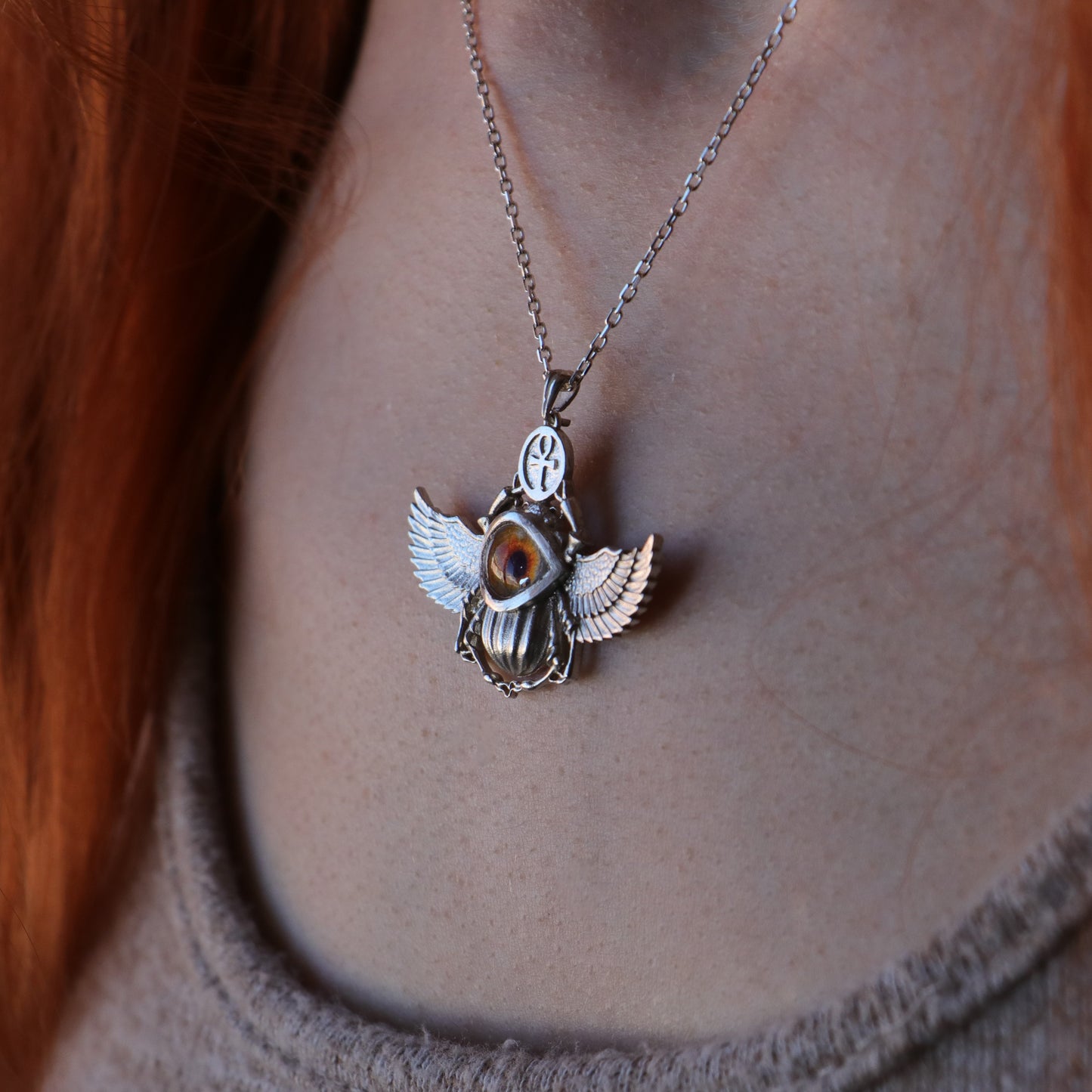 Antik Mısır Scarab ve Ankh Gümüş Kolye - İris Göz Koruyucu Tılsım