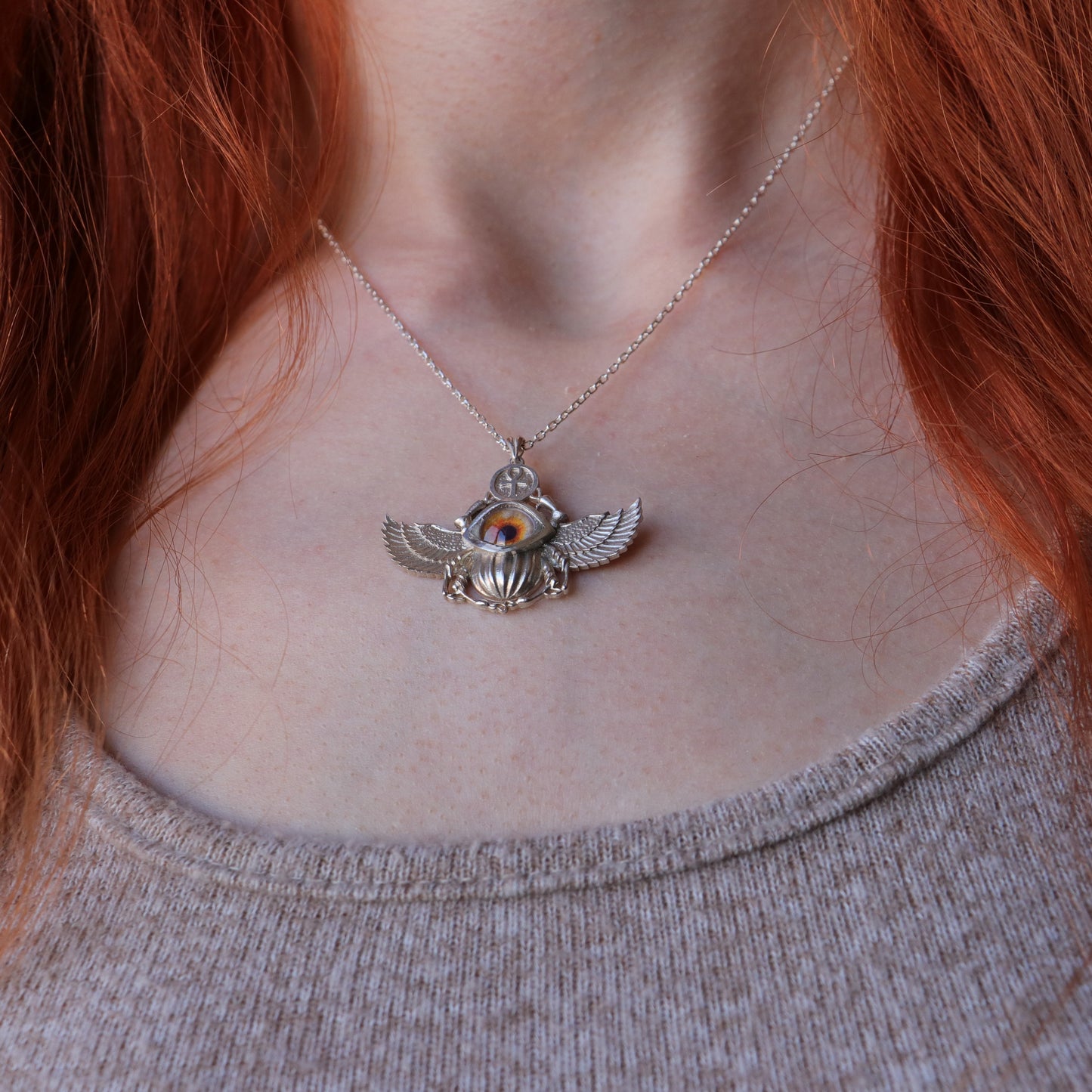 Antik Mısır Scarab ve Ankh Gümüş Kolye - İris Göz Koruyucu Tılsım