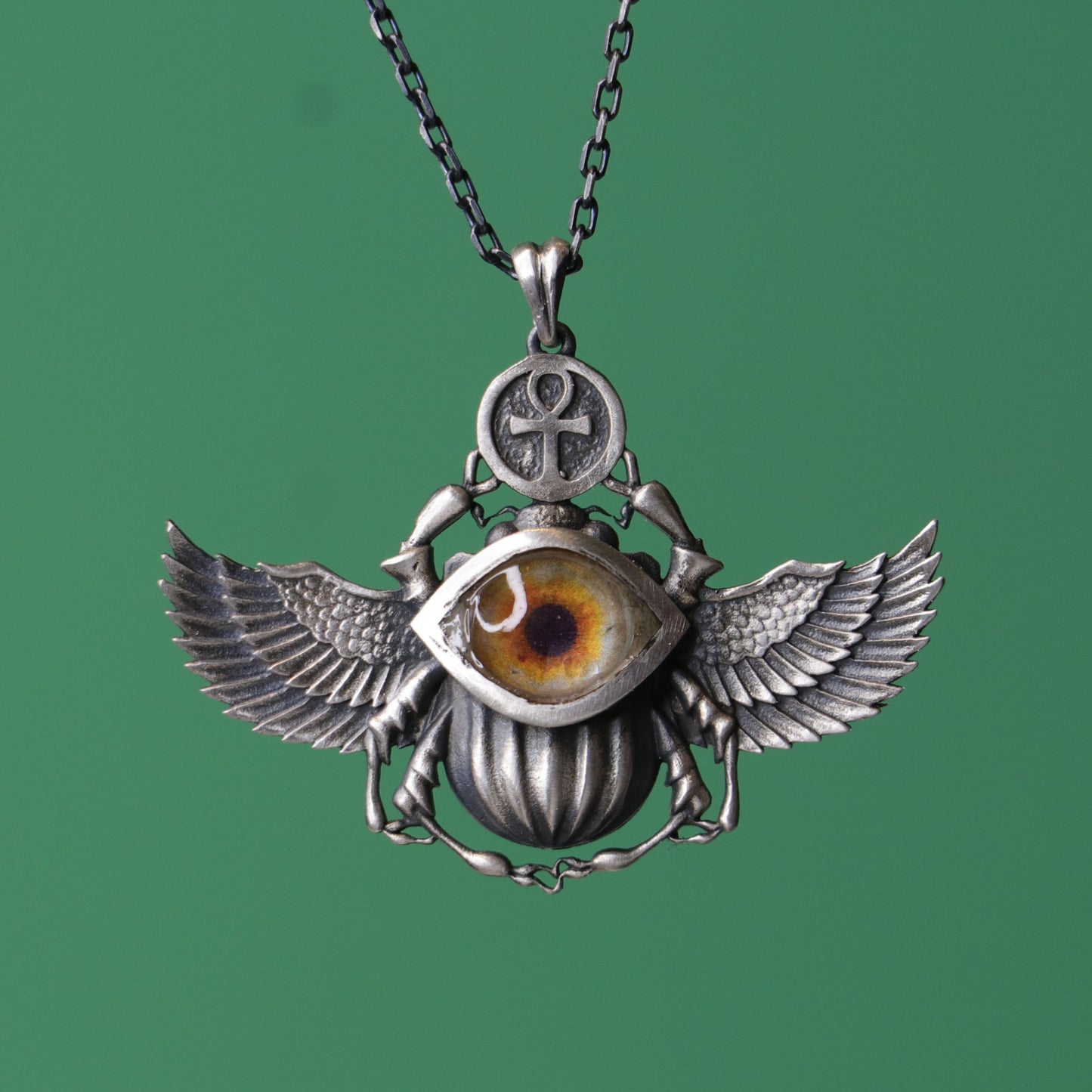 Antik Mısır Scarab ve Ankh Gümüş Kolye - İris Göz Koruyucu Tılsım