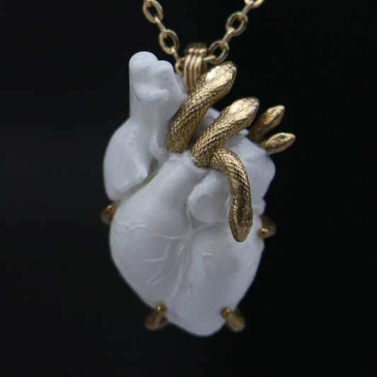 Handmade Marble Carved White Human Heart with Snake Veins