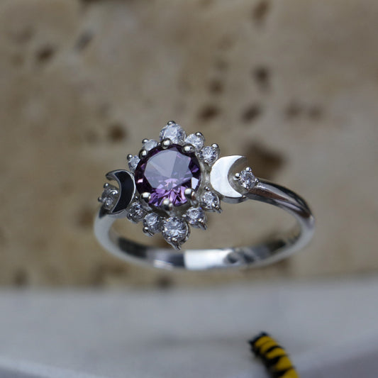 Ay Tanrıçası Ametist ve Mozanite 925 Gümüş Yüzük