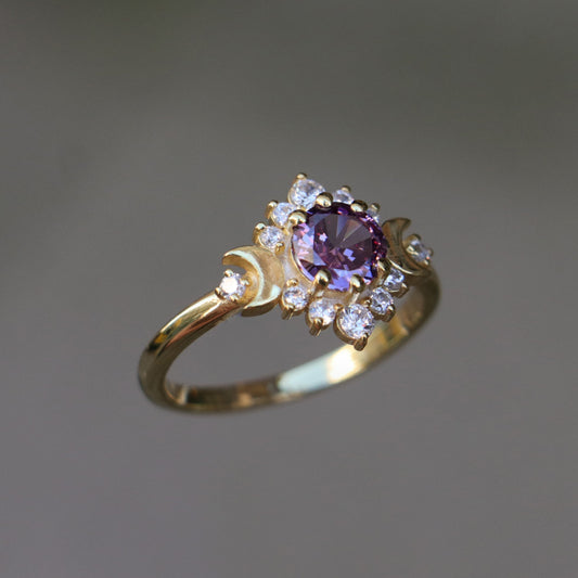 Ay Tanrıçası Ametist ve Mozanite 925 Gümüş Altın Kaplama Yüzük