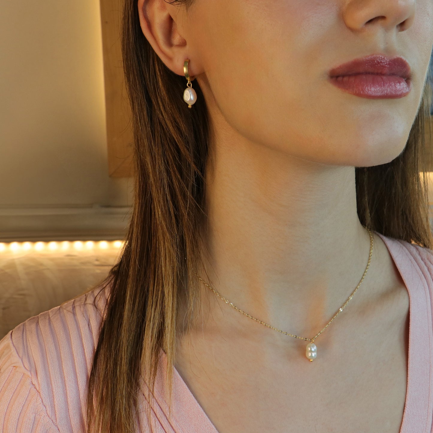 Amorf İnci Küpe Kolye Set