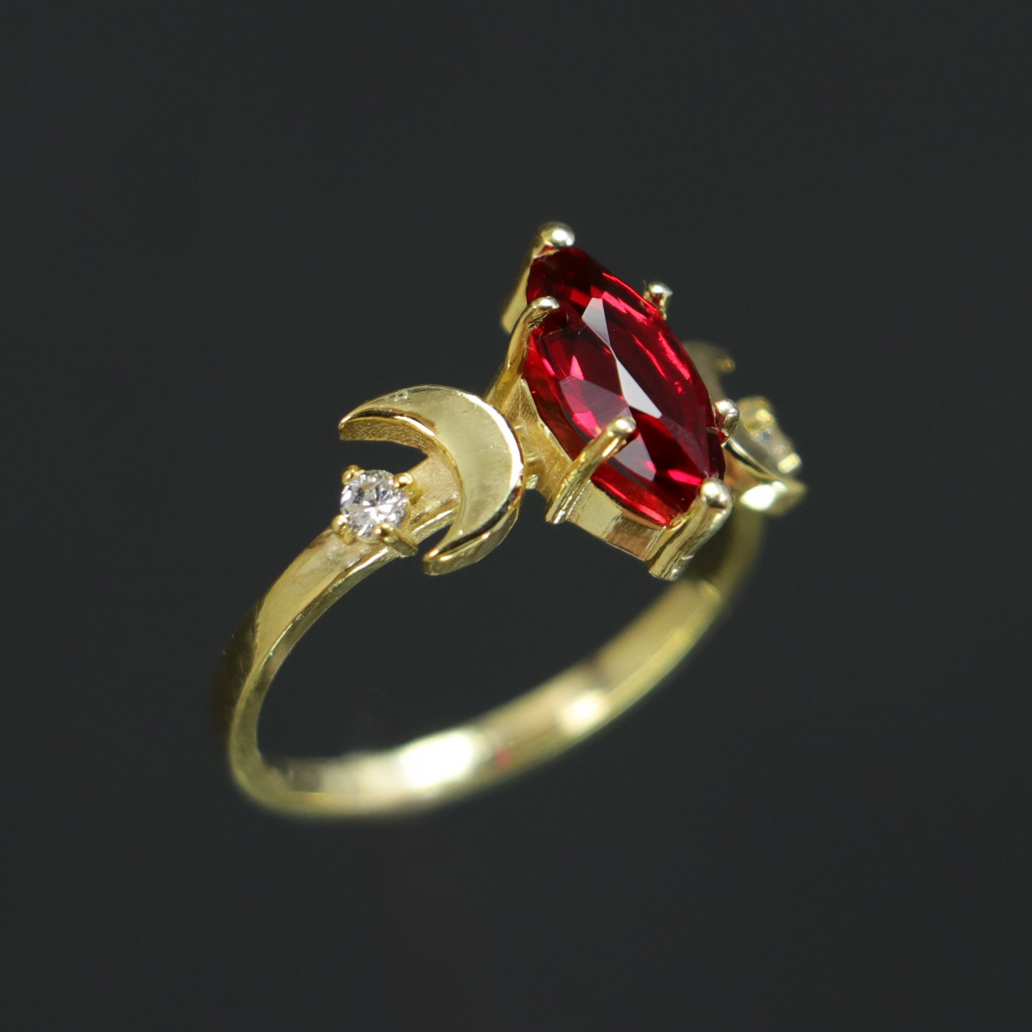 Moon Goddess 925 Silver Gold Plated Ring with Marquise Garnet Stone