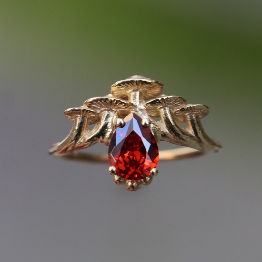 Mantar Garnet 925 Gümüş Altın Kaplama Yüzük