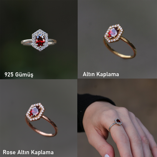 Garnet and Moissanite 925 Silver Gold Plated Ring