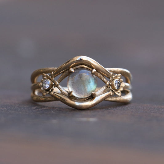 Special Design Labradorite and Moissanite Lotus 14 Carat Gold Ring