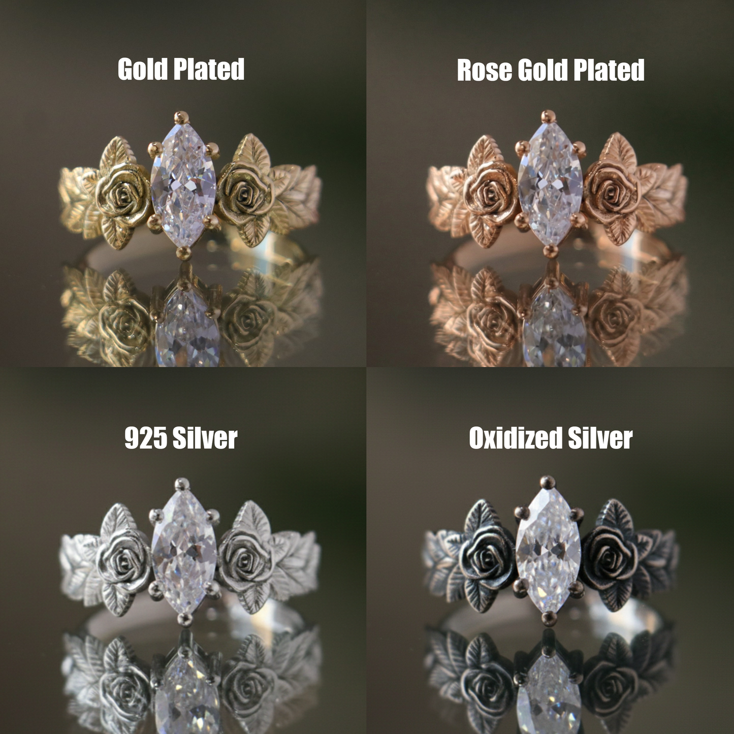 Yapraklar (Tüm Doğal Taşlar) 925 Oksitlenmiş Gümüş Yüzük