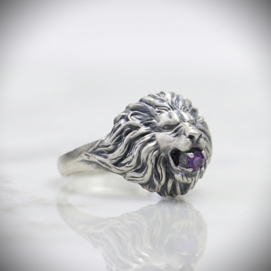 Lion Amethyst 925 Silver Men's Ring