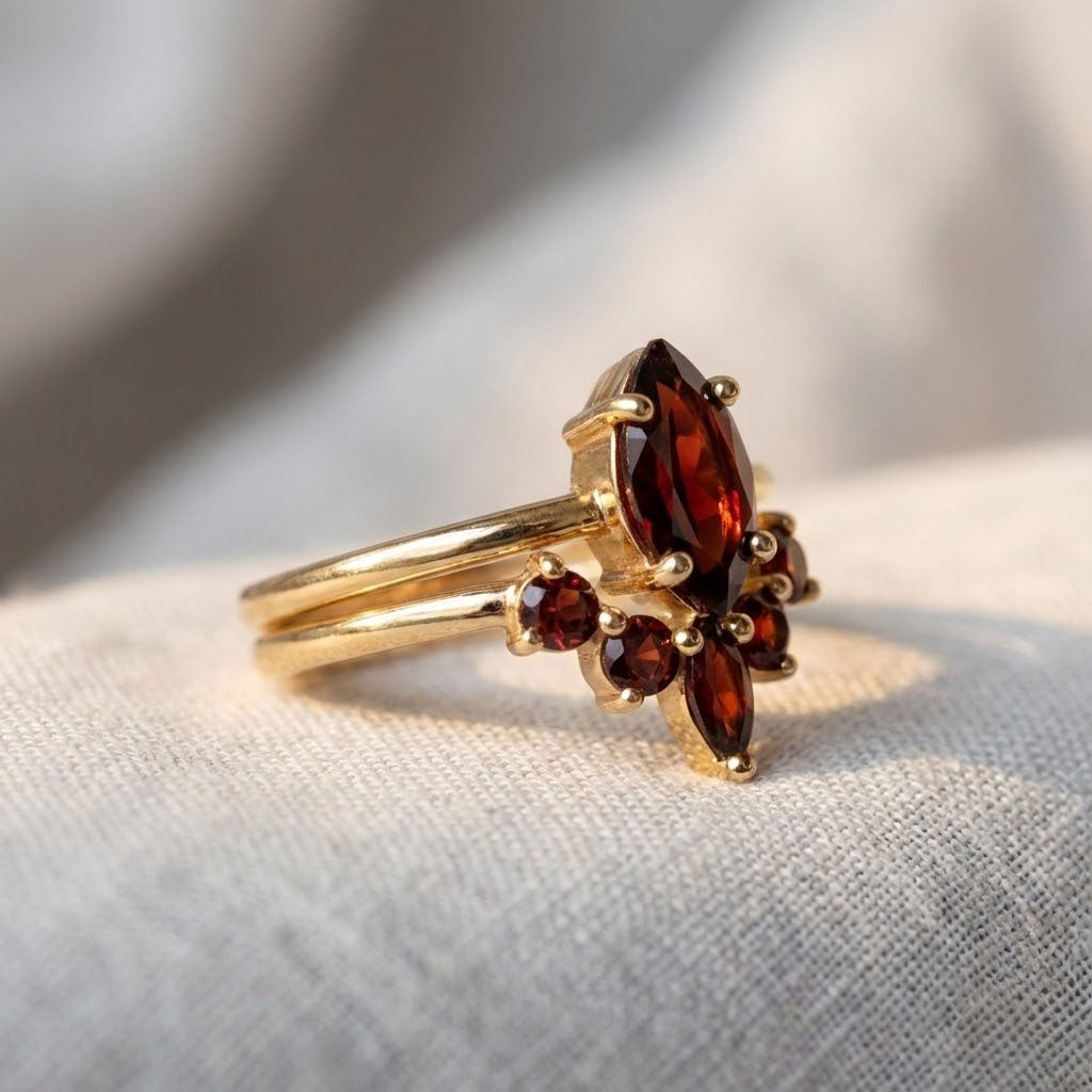Garnet İkili Set 925 Gümüş Altın Kaplama Yüzük