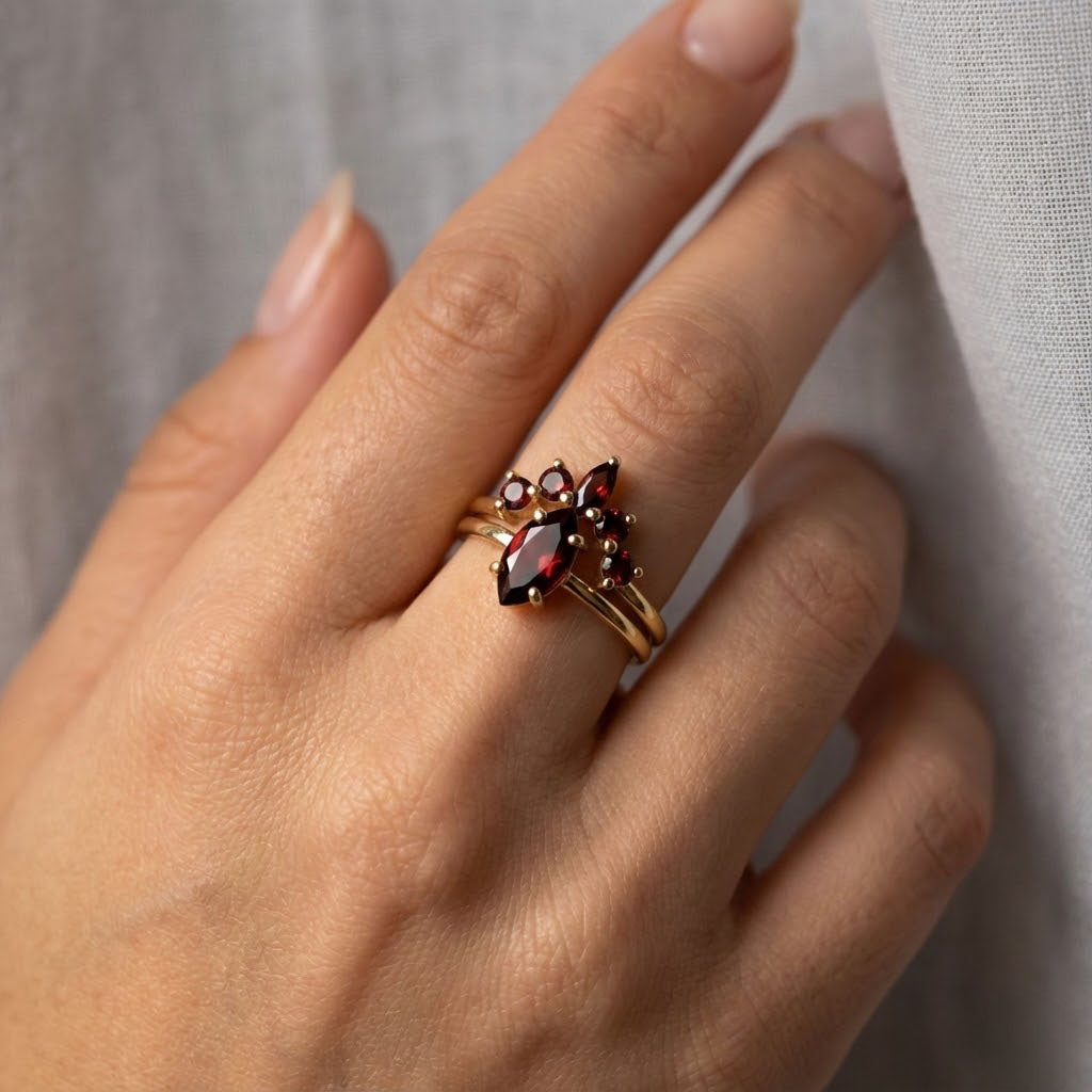 Garnet İkili Set 925 Gümüş Altın Kaplama Yüzük