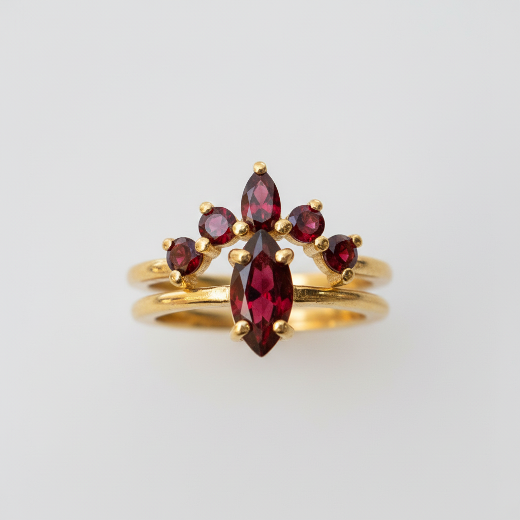 Garnet İkili Set 925 Gümüş Altın Kaplama Yüzük