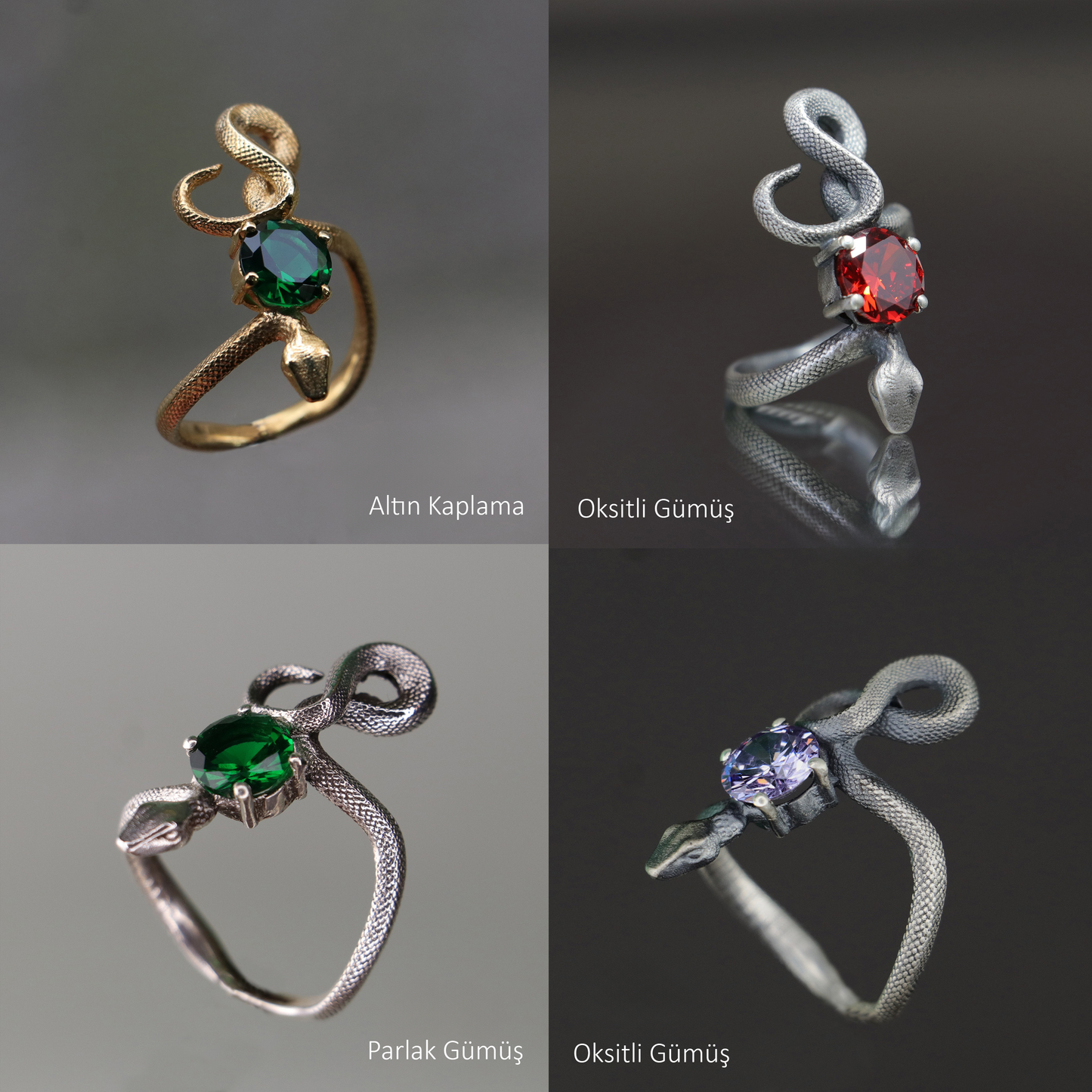 Zümrüt Yılan 925 Gümüş Altın Kaplama Yüzük
