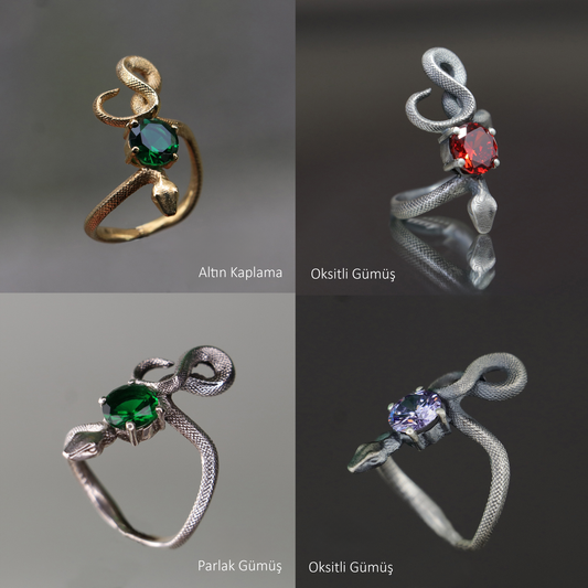 Zümrüt Yılan 925 Gümüş Altın Kaplama Yüzük