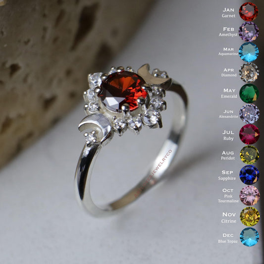 Ay Tanrıçası Garnet ve Mozanite 925 Gümüş Yüzük